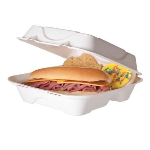 Eco Products Sugarcane White Clamshell Hinged 3 Compartment Container 8 in x 8 in x 3 in EP-HC83